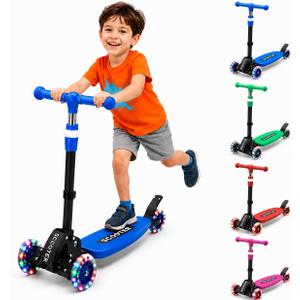 Kids Kick Scooter, Kick Scooter for Kids 2-7 Age, Light up 3 Wheels Kick Scooter, Heavy Duty Folding Lean-to-Steer Scooters with 3 Adjustable Handlebar for Boys Girls Blue3 Wheel Kids Kick Scooter for Ages 312, LeantoSteer, LightUp Wheels, 3Level Adjustable Handlebar 27.5”33”, Wide NonSlip Deck, Dual Rear Brake,Travel Foldable, for Boys & Girls Toy Gifts,Blue