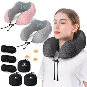 urnexttour Travel Pillow for Airplane Memory Foam Pillow, 3 Pack Neck Pillow for Travelling with Eye Mask, and Storage Bag, Sleeping Rest, Car, Train and Home Use Cationic, Black&Grey&Pink
