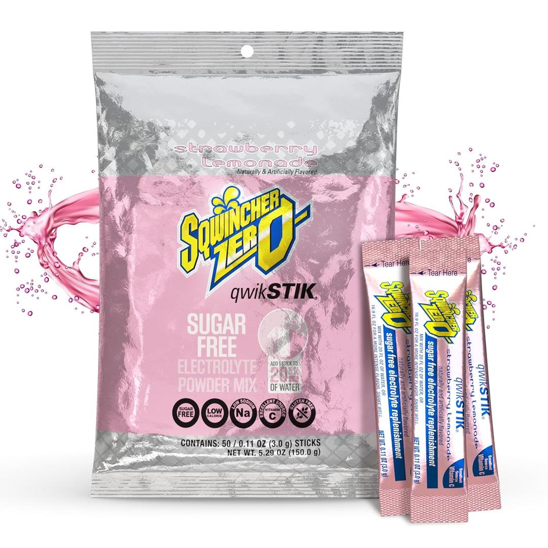 2 x Sqwincher Zero Qwik Stik, Strawberry Lemonade, Sugar Free, Low Calorie, Low Sodium Electrolyte Powder Hydration Drink Mix, .11 0z Packet (Pack of 50)