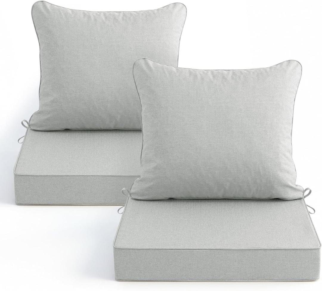 Summsun Patio Cushions for Outdoor Furniture, Faux Linen Water Resistant Backrest and Seat Cushion Set with Non-Slip Bottom, Straps, Removable Cover, 19 x 19 Inch, Light Grey, Set of 2, 2P/19*19+19*17 Inch