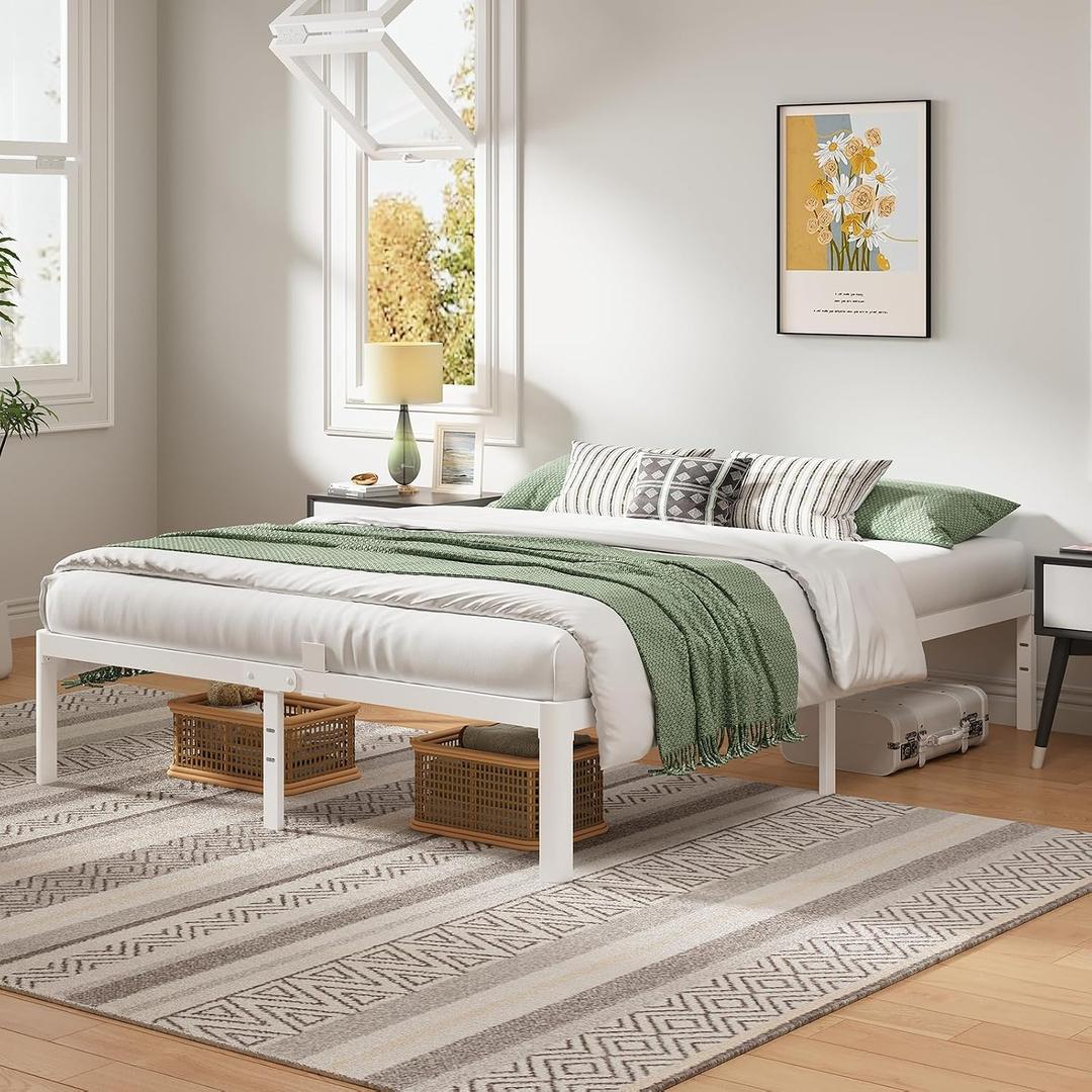 Queen Metal Bed Frame with Round Corner Legs, 14 Inch Platform Bed Heavy Duty Steel Slats Support, Noise Free No Box Spring Needed Easy Assembly(14Q,White)