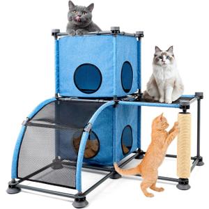 Large Cat Hamock Bed with Scratching Post Multi-Level Cat Tree with House Condos & Ladder for Indoor/Outdoor Use+Blue/Two-Tier
