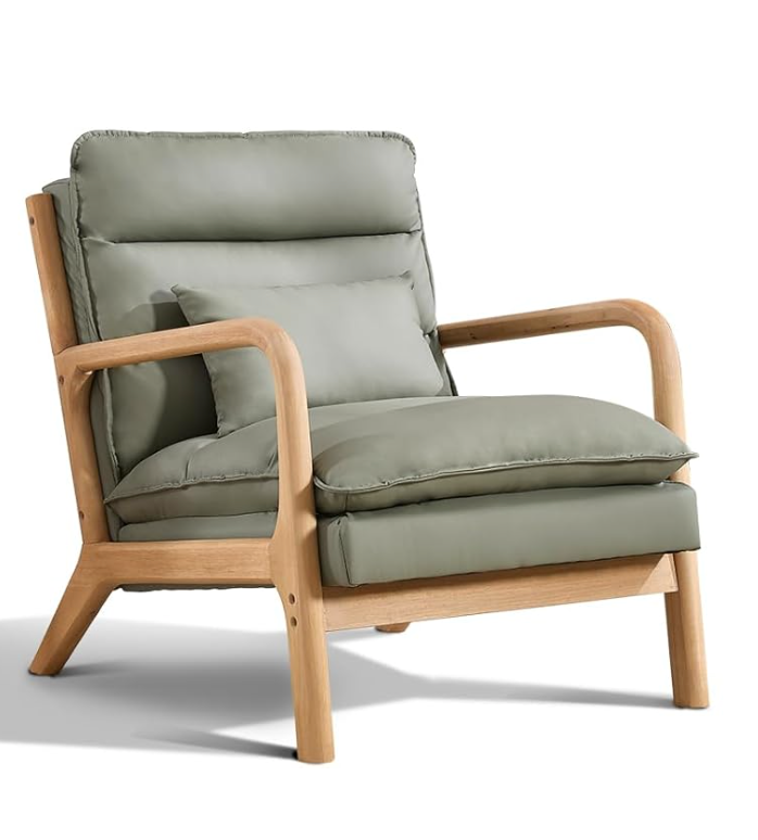 Phoenix Home Accent Chair, Mid Century Lounge Chair PU Leather, Upholstered Reading Armchair with Lumbar Pillow & Solid Wood Frame for Office, Living Room Bedroom, Balcony, Matcha Green