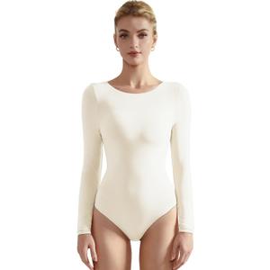 SUUKSESS Women Long Sleeve Bodysuit Basic Crew Neck Thong Body Suit Shirts Top for Spring (White, L)