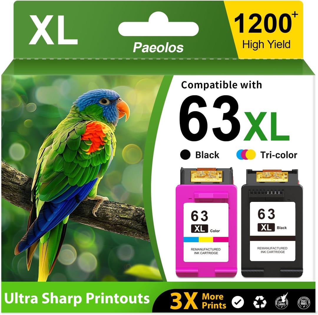 63XL Ink Cartridges Black and Color High Yield for HP Ink 63 Replacement for HP 63XL Ink Cartridges Combo Pack for HP OfficeJet 3830 4650 5258 5255 Envy 4520 4512 DeskJet 3630 1112 Printer (2-Pack)