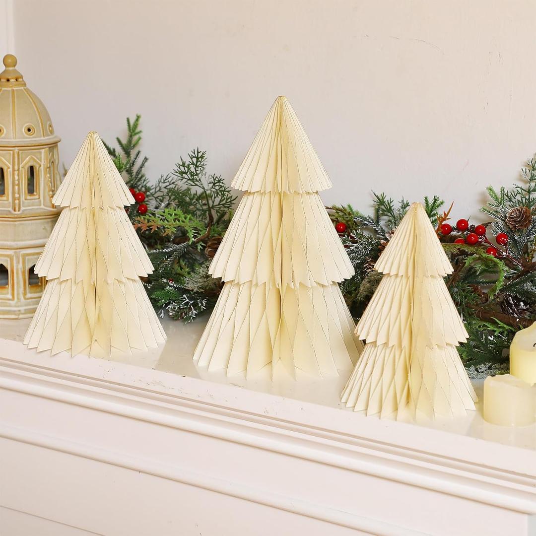 3 Pcs Honeycomb Paper Christmas Tree 8" 10" 12" Modern Christmas Decor 3D Paper Honeycomb Tree for Xmas Mantel Decorations Holiday Xmas Festive Party Supplies(White)