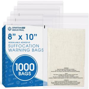 Spartan Industrial - 8 X 10 (1000 Count) Self Seal Clear Poly Bags with Suffocation Warning for Packaging, T Shirts - Resealable Glue