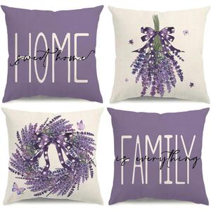 Spring Summer Pillow Covers 18x18 Lavender Wreath Spring Summer Decorations Home Sweet Home Purple Throw Pillow Covers Family is Everything Farmhouse Cushion Case for Sofa Couch Set of 4