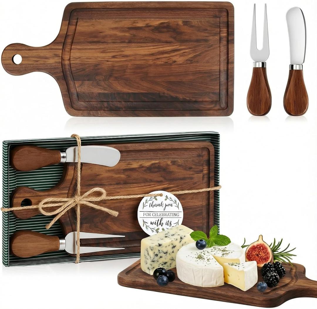 Ziliny 1 Set Bridal Baby Shower Cheese Prizes Wooden Square Board Gift Set Knives Forks Thank You Tags with Box for Guests for Valentines Bridal Baby Shower Housewarming (Walnut Wood)