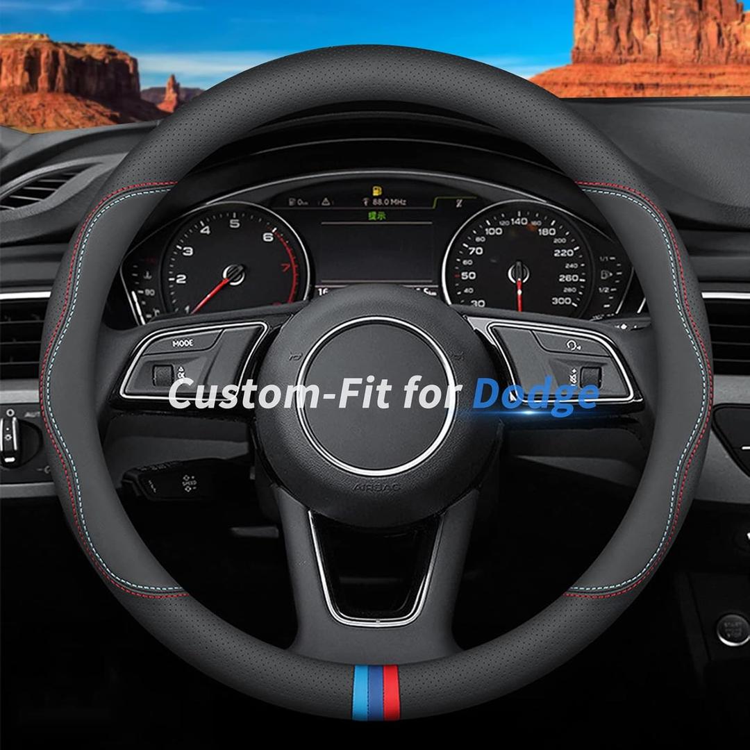 Deer Route Custom-Fit for Dodge Steering Wheel Cover, Premium Leather Car Steering Wheel Cover with Logo, Non-Slip, Breathable, for Dodge Accessories (C-Style,for Dodge)