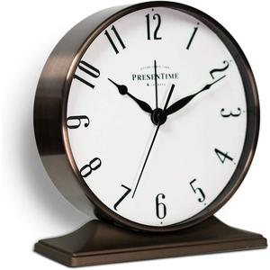 Presentime & Co Lewis Mantel Alarm Clock, Desk and Shelf Clock, Tabletop Decoration, 5.5 x 5 inch, Silent no Ticking, Metal Base, Bronze Finish, Arabic Numeral