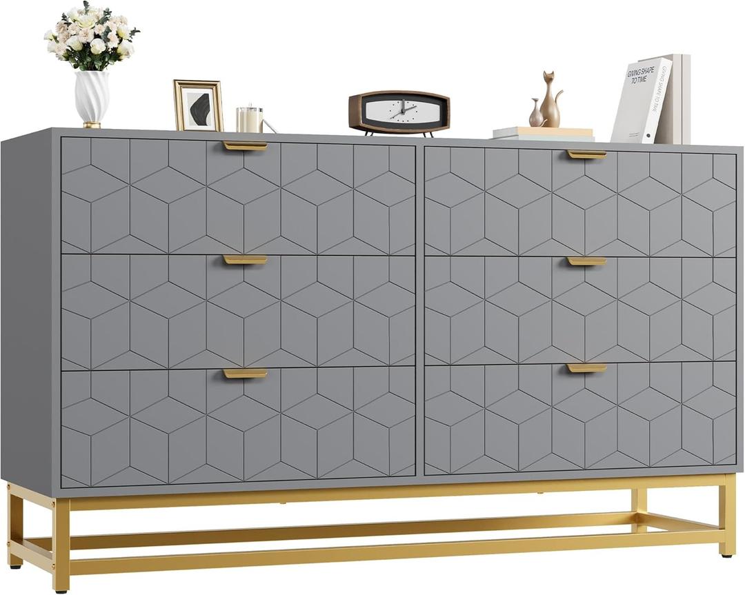 IDEALHOUSE Grey 6 Drawer Dresser for Bedroom, 53.5 Large Dresser with Metal Legs, Modern Chest Organizer with Wide Storage, Chest of Drawers for Bedroom, Living Room, Entryway