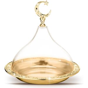 1 Pcs Ramadan Tray Decor Eid Mubarak Date Holder with Clear Dome Lid Mardi Gras Serving Tray 6.69" Metal Gold Eid Al-fitr Dessert Container for Nuts Baklava Samosa Halva Candies Cookies