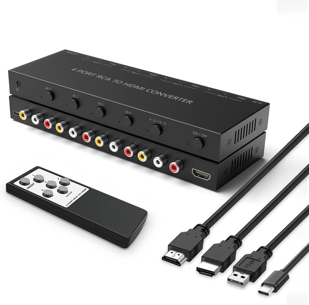 RuiPuo 4Port AV to HDMI Converter, 4Port AV to HDMI Switcher with IR Remote, Support 16:9/ 4:3 and Quick Switch Compatible with WII/ N64/ SNES/ Xbox/ PS1/ PS2/ PS3/ VHS/ VCR/ DVD Players etc.(4AV In-1HDMI Out)
