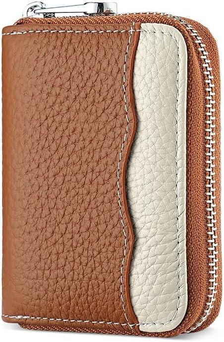Linno RFID 20 Slots Credit Card Holder Genuine Leather Small Wallet for Women or Men with Zipper (New Brown)