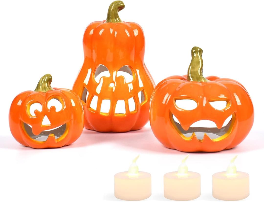 Sunlit Ceramic Pumpkin with 3 Tea Lights, Jack O Lantern Candle Holder Set of 3, Tabletop Indoor Halloween Decorations for Holiday Party Home