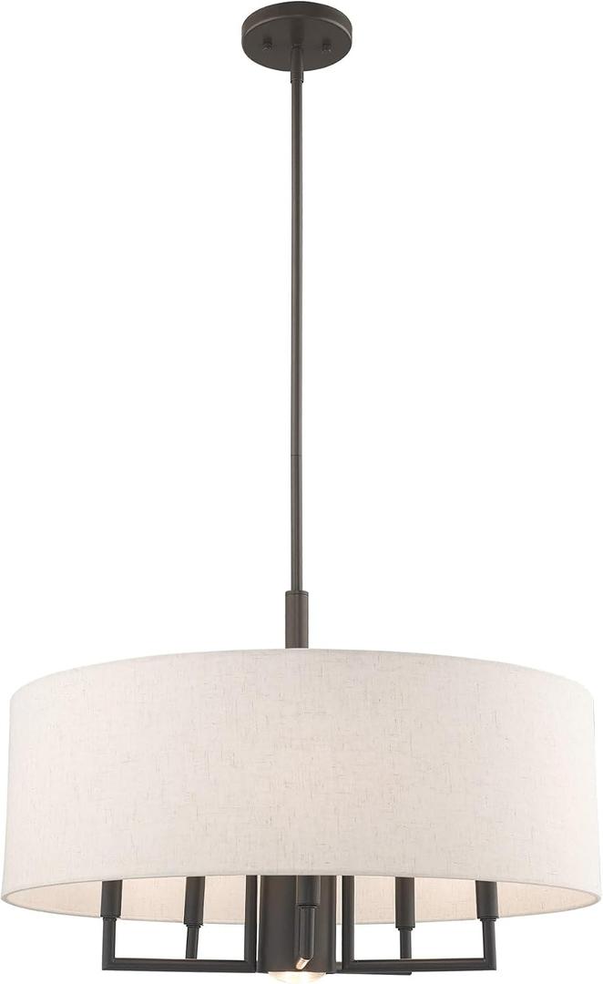 Livex Lighting 42605-92 Meridian - Six Light Chandelier, English Bronze Finish with Oatmeal Fabric Shade, 24"L x 24"W x 54.5"H