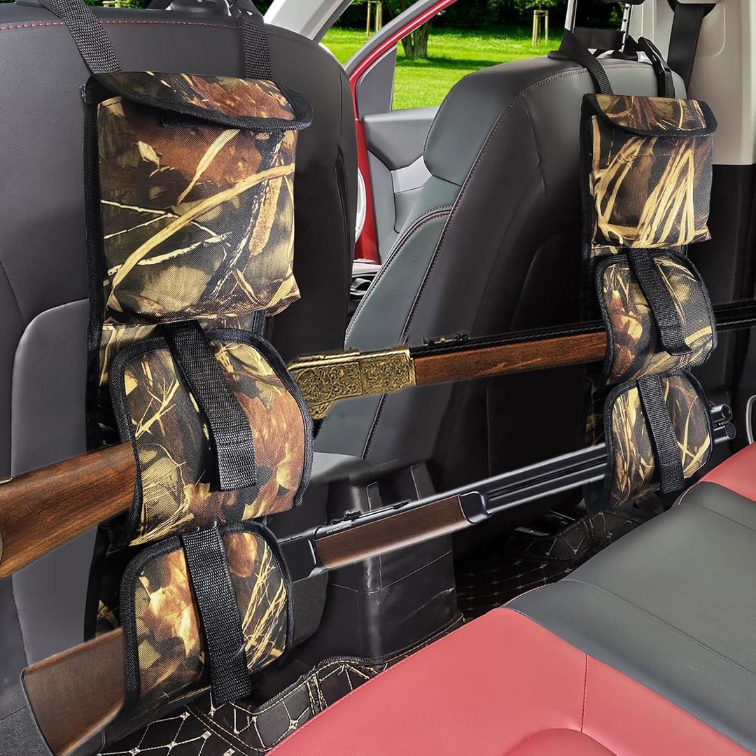 Seat Back Gun Rack, 2 Pack Truck Gun Rack Foldable Car Seat Back Gun Holder Camo Rifle Holder with Storage Pockets, Gun Sling Bag for Hunting Rifles/Shotguns, Fit Most Truck SUV (Style 1)