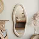 Honyee 55" x 24" Wall Mirror, Flannel Wrapped Wooden Frame Wavy Mirror, Irregular Mirror Hanging for Cloakroom/Bedroom/Living Room, Ivory White