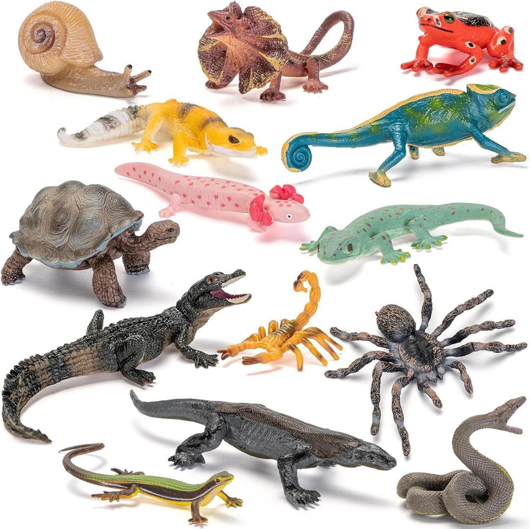 THINKBAY 14PCS Reptile Animal Figurines Toys,Desert Amphibians Sand Toys with Axolotl,Lizard,Snake,Spider,Komodo Dragon,Alligator,Rainforest Cold Blooded Plastic Animals Figures Party Favors for Kids