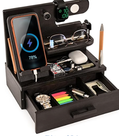 TESLYAR Wood Phone Docking Station with Drawer - Nightstand Organizer - Desk Organizer for Husband - Birthday Gifts for Men, Dad, Anniversary Idea, Key Holder Stand Watch & Accessories (Granite Black)