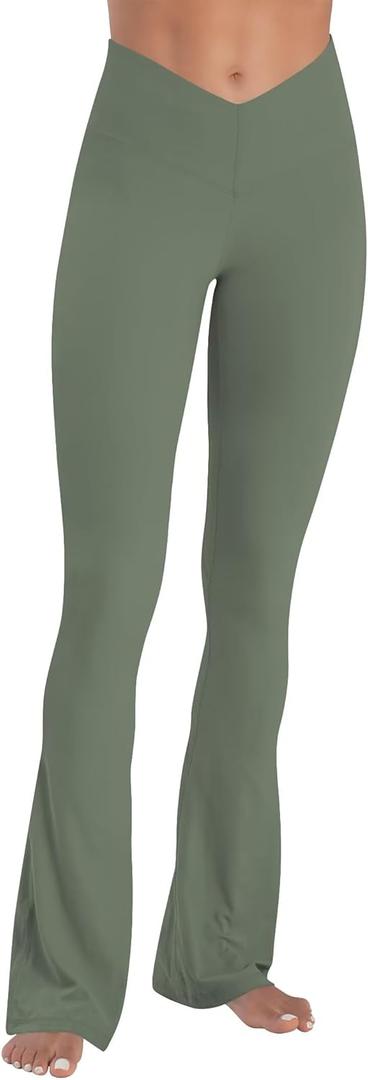 Sunzel Mini Flare Leggings for Women V Crossover Mid Rise Workout Flared Yoga Pants with Tummy Control and Wide Leg (Green)