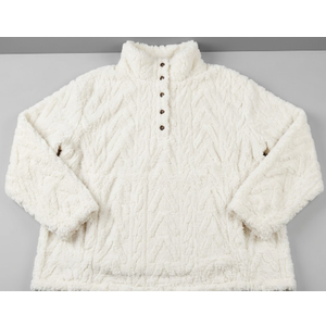 BLENCOT Women Fashion Button Down Collar Textured Shearling Long Sleeve Plain Cable Casual Fuzzy Fleece Ladies Sweatshirts Pullovers Shirts Tops White 2XL