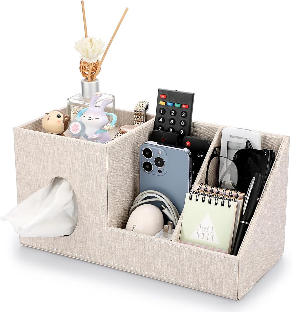 Sumnacon Square Linen Tissue Box Cover - Decorative Cube Tissue Cover with Side and Top Organizer, Modern Tissue Holder for Living Room Vanity Night Stand Table Countertop Office, Beige