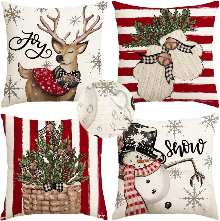 RABUSOFA Christmas Pillow Covers 18x18 Inch Set of 4 Indoor Outdoor Waterproof Snowman Reindeer Gloves Eucalyptus Winter Holiday Stripes Cushion Case Christmas Decoration for Couch Red