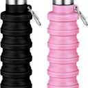 Collapsible Water Bottles,16oz Capacity Portable Reusable Silicone Water Bottle,Leak-proof,with buckle,foldable storage,Lightweight Durable for Fitness,Cycling,Sports,Camping,Hiking (Black+Pink)