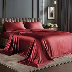BEDELITE California King Sheets Set, Luxury Soft Burgundy Satin Sheets for Hair and Skin, Similar to Silk Bed Sheets Set 4 Pieces with 1 Deep Pocket Fitted Sheet, 1 Flat Sheet, and 2 Pillowcases