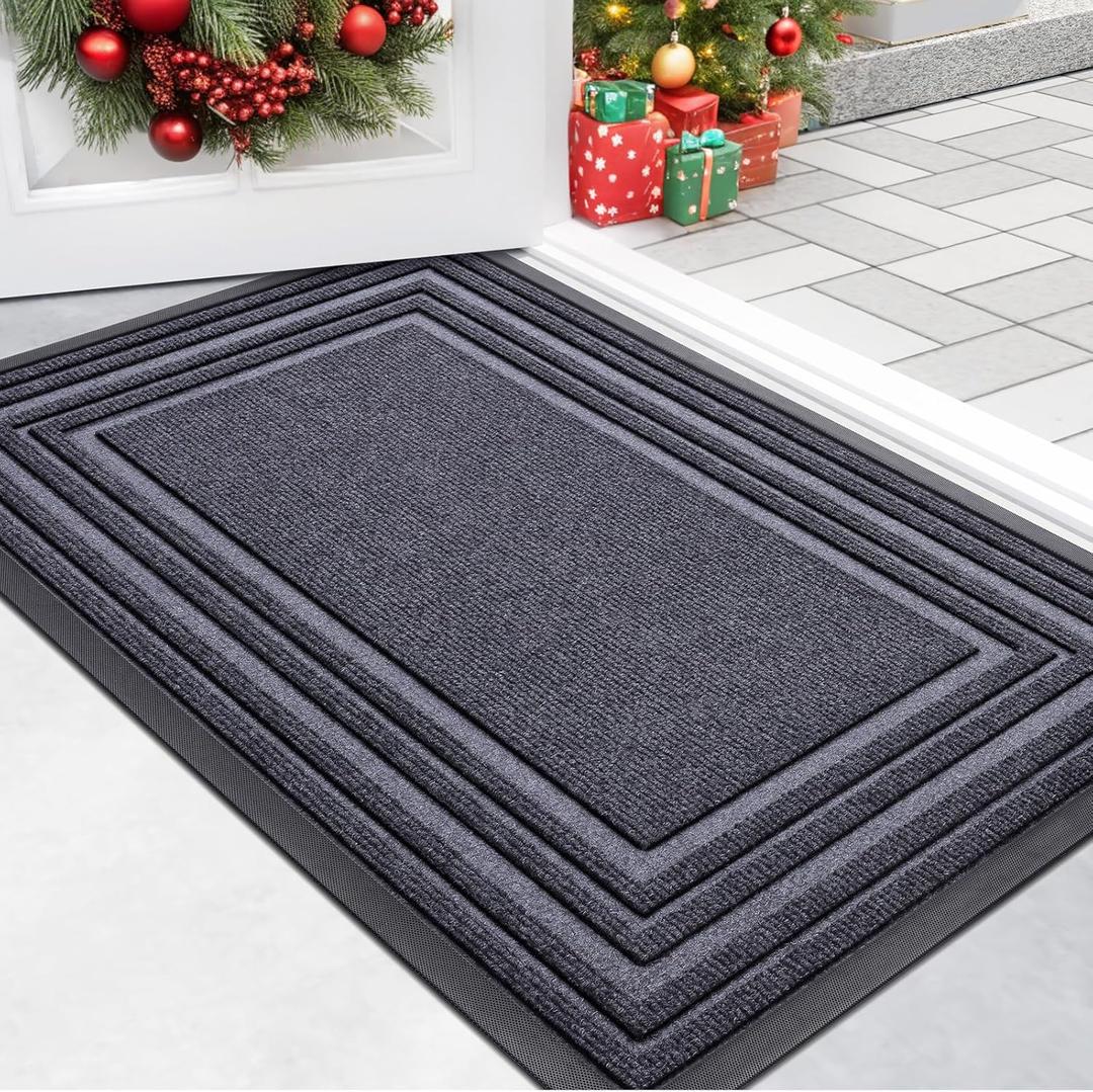 Buganda Front Door Mat Indoor Outdoor Entrance, Non-Slip Natural Rubber Doormats, Easy Clean, Low Profile, Dirt Trapper Entryway Floor Mats for Outside, Garages and Patios, 29.5x17, Grey