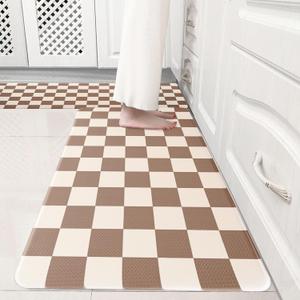 Beige Khaki Checkered Grid Checkerboard Kitchen Rug Sets [2 PCs], Anti-Fatigue, Waterproof Non-Slip Kitchen Mats Heavy Duty Ergonomic Comfort Foam Rug for Floor, Home,17"x29"+17"x47"