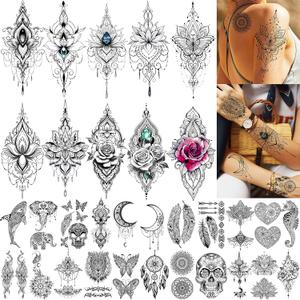 TASROI 32 Sheets Sexy Black Lotus Temporary Tattoos For Women Girls Indian Tribal Lace Tatoo Sticker Neck, Mandala Flower Butterfly Rose Tattoo Temporary Dreamcatcher Elephant Henna Tattoo Kit Adults