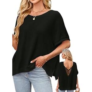 Falechay Summer Tops For Women 2025 Womens Tops Dolman Flowy Oversized Top Loose Fit Dressy Casual Open Back Split Hem Babydoll Sweaters Women's Boat Neck Side Slit Boutique Holiday Clothes, Black, S