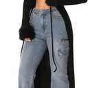 SOLY HUX Long Cardigans for Women Fur Trim Fuzzy Open Front Long Sleeve Tie-up Y2k Knitted Sweater Coats (Large, Pure Black)