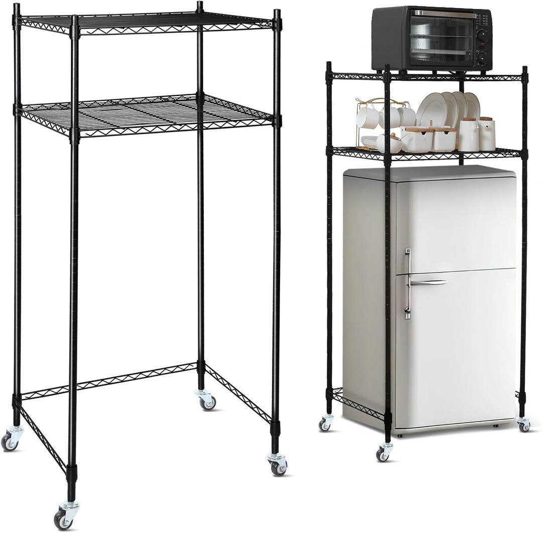 Tandefio 2 Tier Mini Fridge Stand with Storage for Dorm Microwave Stand Over Mini Fridge Storage Shelf with Wheels Adjustable Height Organizer for Kitchen College Rooms Pantry(Black), 23.6 inches x 17.7 inches x 51.91 inches