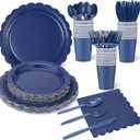 175 Pcs Navy Blue Plates and Napkins, 25 Guest Navy Blue Party Supplies Inlcudes Scalloped Plates Napkins Cups Plastic Cutlery for Birthday, Wedding, Picnic
