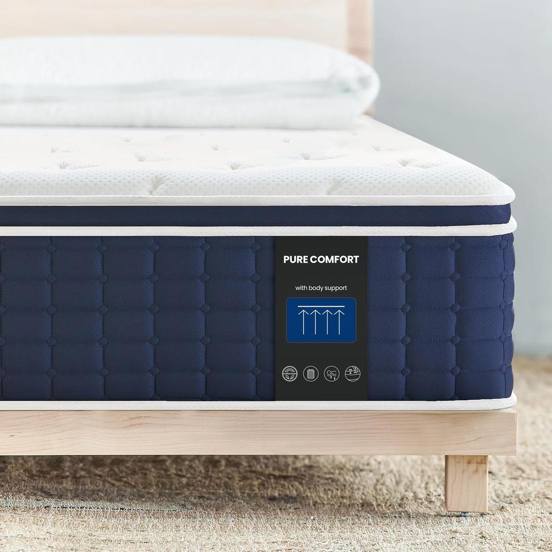 Coolvie Full Size Mattress 14 Inch, Hybrid Soft Medium Plush Mattresses with Gel Memory Foam for Adaptive Support and Pressure Relief, Cloud-Like Sleep Bed in A Box for Silent, 100-Night Trial (Bluewhite)
