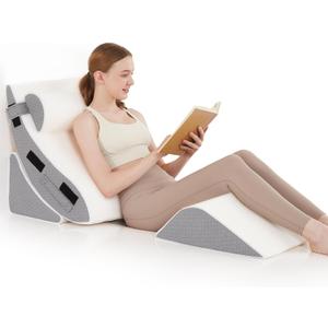Orthopedic Bed Wedge Pillow Set for Sleeping 4 PCS - Adjustable Triangle Pillow for Neck Leg Support with Washable Cover - 35D Foam Wedge Pillow Post Surgery for GERD & Snoring (White Grey)
