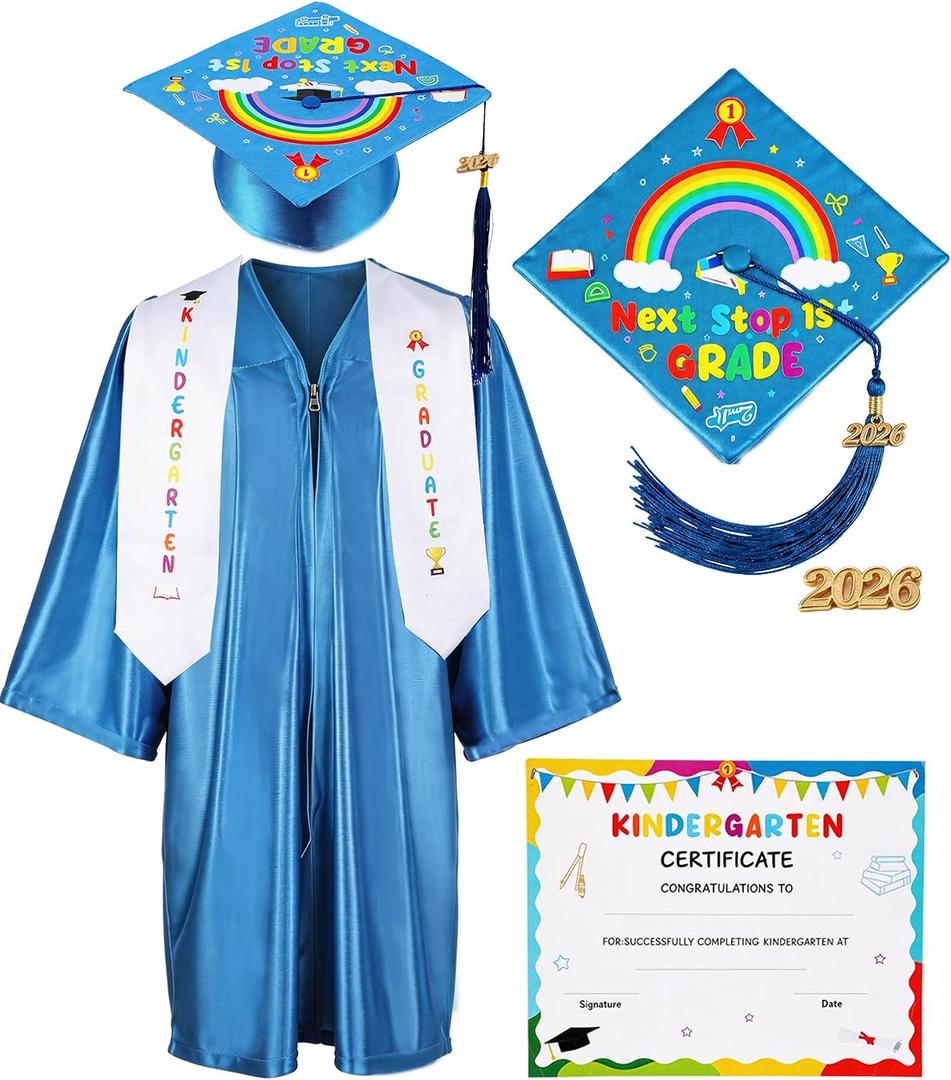 Kindergarten Graduation Cap and Gown - Kids Cap and Gown with Stole and Certificate for 2026 Preschool Graduation (Blue)