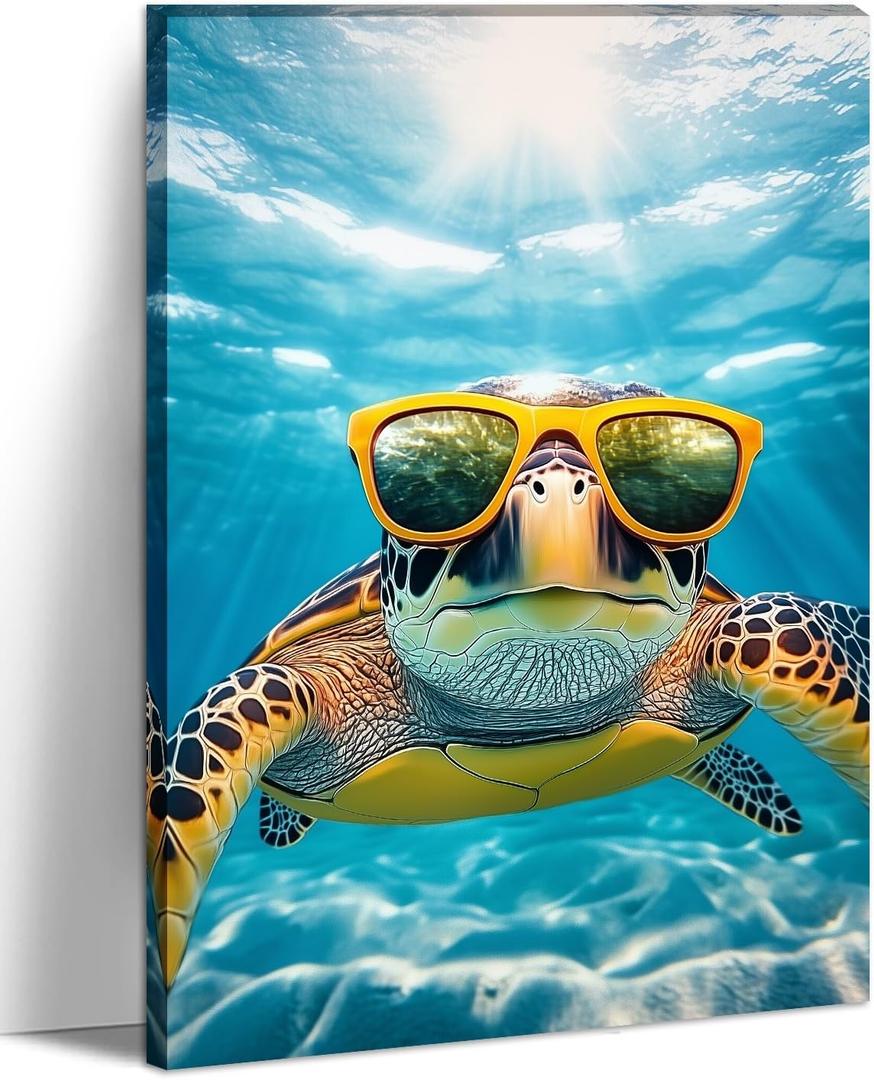 Funny Turtle Wall Art Sea Turtle with Glasses Picture Marine Life Canvas Prints Ocean Painting Modern Prints for Bathroom Living Room Home Wall Decor Framed - 16.00"x24.00"