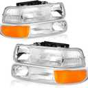 Headlights Assembly Compatible with 1999-2002 Chevy Silverado 1500 2500, 2000-2006 Chevy Tahoe Suburban Headlamp Assembly, Chrome Housing, OE Replacement Halogen head light assembly set