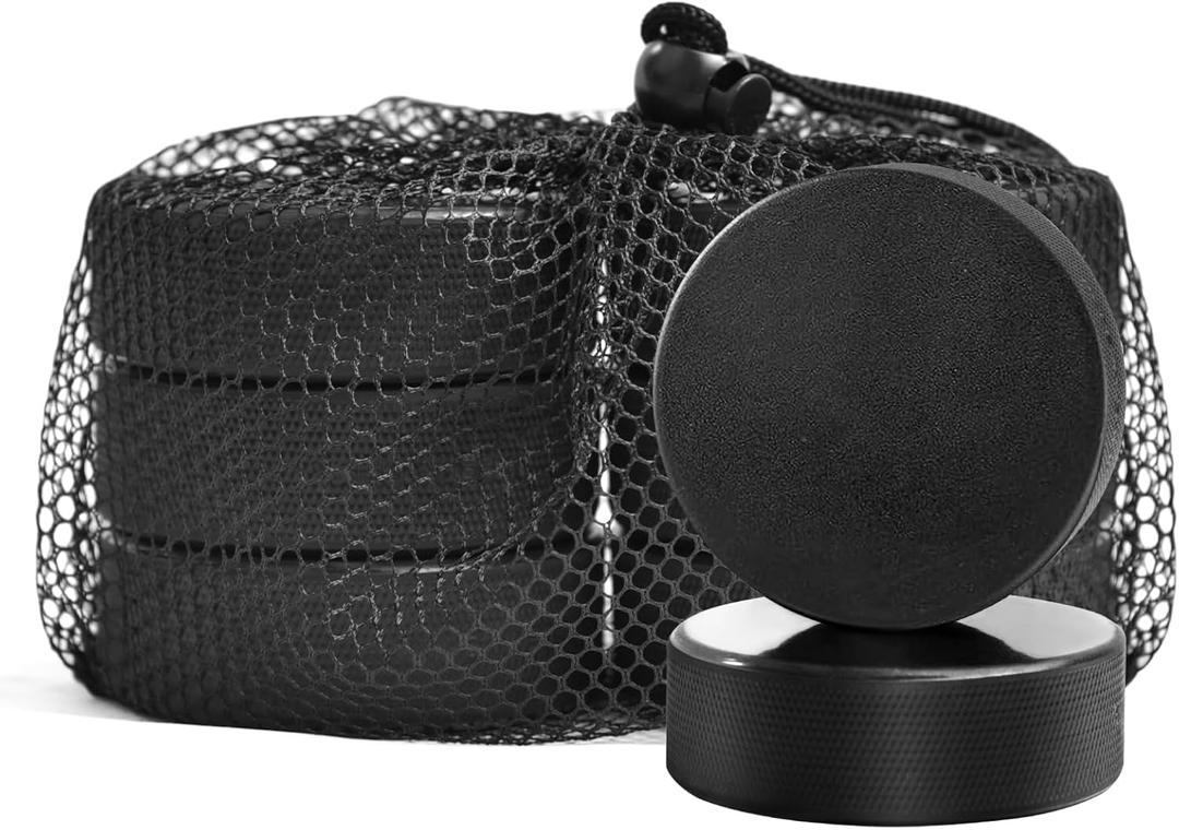 Ice Hockey Pucks with Reusable Mesh Bag, Rubber Street Hockey Puck Balls for Practicing and Classic Training, Diameter 3", Thickness 1", 6 oz, Official Regulation, Black