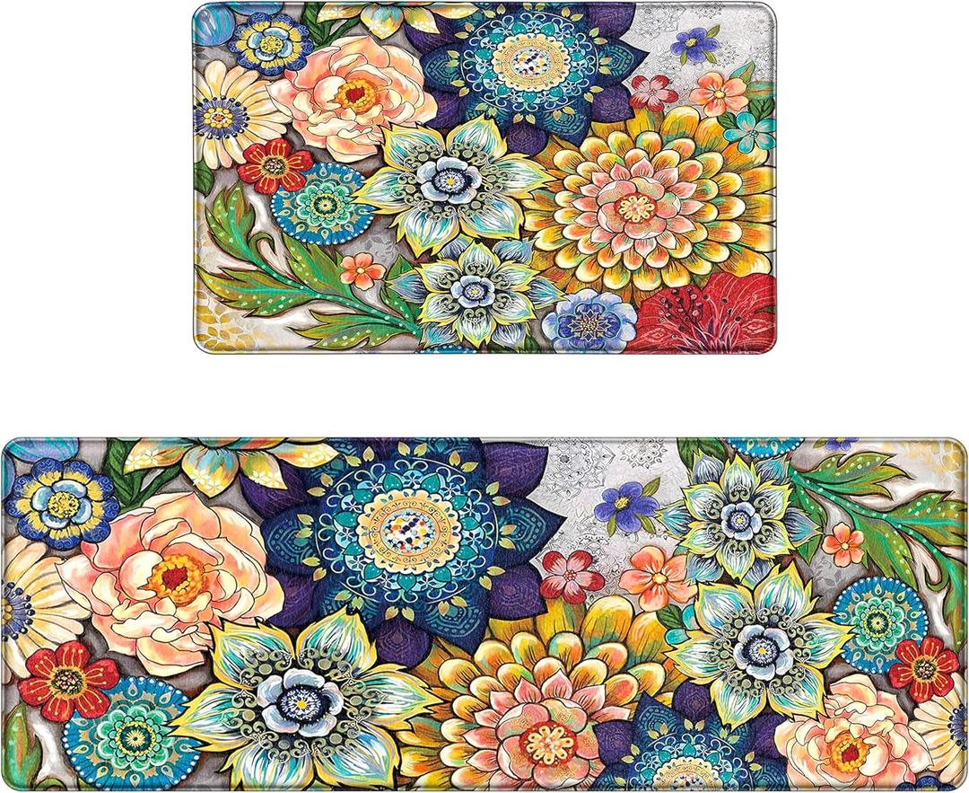 Boho Floral Kitchen Rugs Mats for Floor 2 Piece Memory Foam Padded Kitchen Mats Anti Fatigue Non Slip Cushioned Comfort Standing Mat, 17.3x28+17.3x47 Inch Boho Floral Kitchen Rugs Mats for Floor 2 Piece Memory Foam Padded Kitchen Mats Anti Fatigue Non Slip Cushioned Comfort Standing Mat, 17.3x28+17.3x47 Inch