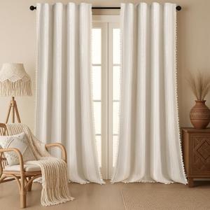 Boho Blackout Curtains 96 Inches Long Beige Linen Blend 2 Panels with Tassels and Cotton Embroidery, Farmhouse Vintage Rustic Rod Pocket Drapes for Living Room or Bedroom