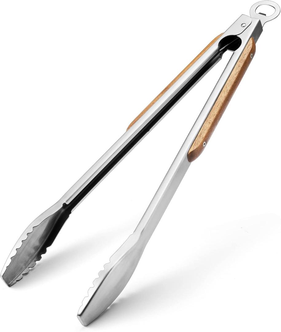 Wood-Handled Grill Tongs, 19.5"/50cm Extra Long BBQ Tongs, Heavy Duty Premium Stainless Steel Metal Tongs with Solid Wood Handles, for Charcoal, Grilling, BBQ, Barbecue, Cooking