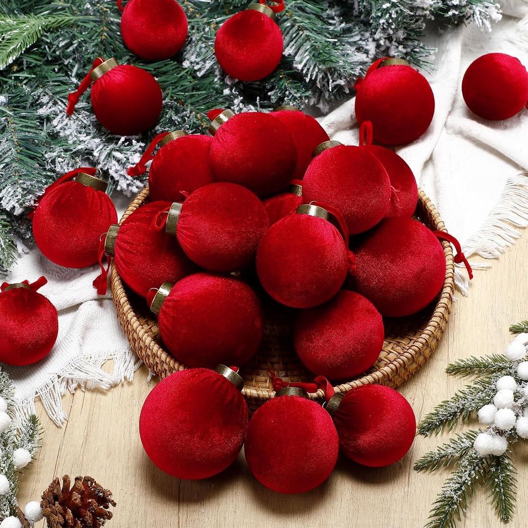 HyDren 24 Pcs Burgundy Velvet Christmas Ornaments Balls Bulk Flocked Christmas Tree Ornaments 3.15, 2.76, 2.36 Inch Shatterproof Hanging Xmas Tree Balls Decor for Xmas Decorations