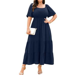 RWJ Plus Size Dresses for Curvy Women, Women's Navy Blue Wedding Guest Dress Summer Short Sleeve Square Neck Smocked High Waist Cocktail Party Flowy Maxi Dresses L