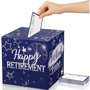 Funrous 51 Pcs Retirement Card Box Happy Retirement Party Decorations Well Wishes and Advice Card for Women Men Going Away Party Favors(Blue and Silver)